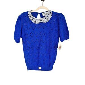 Retro Knit Sweater Blue M Floral Lace Classic Chic Preppy Vintage Feminine 70s